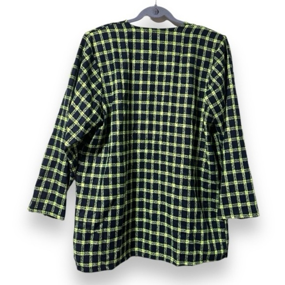 Vintage Plaid Open Front Collarless‎ Blazer Black Blue Neon Green Check Size XL - Picture 2 of 11